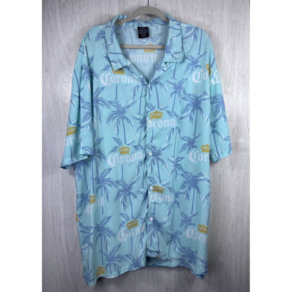 Corona Resort Shirt Men's 3XL Blue Green Rayon Hawaiian Camp Tropical Beach Palm